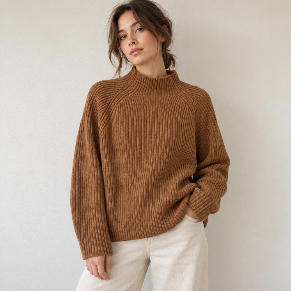 Demylee Womens Cashmere Sweater Medium Brown Mock Neck Shaker Rib Quiet Luxury